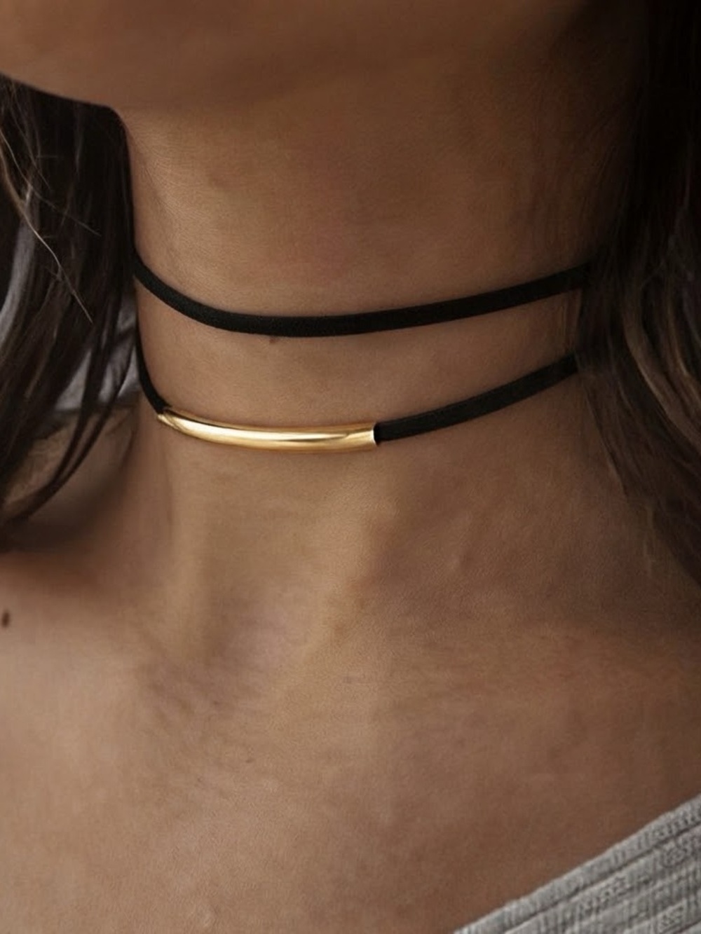 90s Vibe Double-Layer Black Leather Choker with GOLD Accent